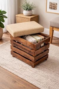Wooden Storage Stool with <b>Cushion</b> Collapsible Multi Functional Ottoman Magazine Book Storage Seat for Home Living Room Bedroom - Product Image 3