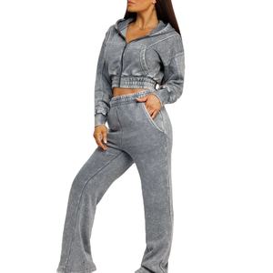 Custom Heavyweight Tracksuit <b>Distressed</b> Boxy Crop <b>Top</b> Hoodie Set Rhinestone Acid Washed Women's Flared Sweatpants Hoodie Set - Product Image 6