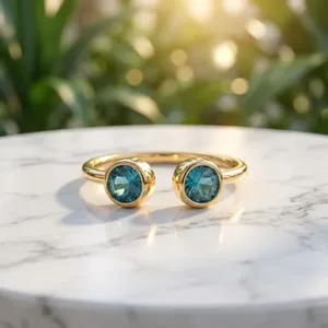 Wholesale Minimalist Style Jewelry Sky Blue <b>Quartz</b> Bezel Setting Double Stone 18k Gold Plated Brass Statement Stylish Fancy <b>Ring</b> - Product Image 4