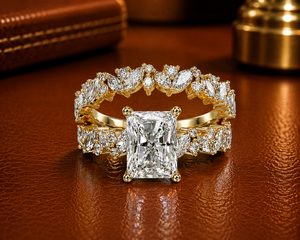 Conjunto de anillos de boda clásicos de oro de 14 quilates con diamantes cultivados en laboratorio de corte radiante, con anillos marquise y redondos en racimo para mujer, joyería nupcial. - Product Image 1