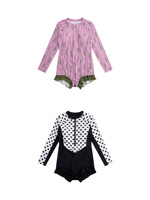 Kinder Mädchen Olivenblatt-Print Langarm Einteiler Badeanzug mit rosa Streifen, Rüschen am Bein und Reißverschluss vorne – Rash Guard für den Pool