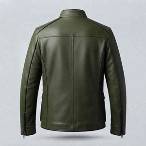 Veste en cuir vert olive pour homme, col montant, style motard, avec poches, coupe classique, pour l'automne - Product Image 6