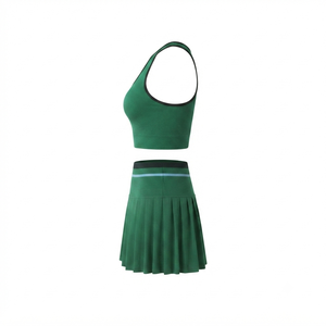 Women's Green Knitted Sporty 2 Piece <b>Set</b> Sleeveless Top Pleated Skirt Solid Color Breathable Spring Summer Workout Wear - Product Image 3
