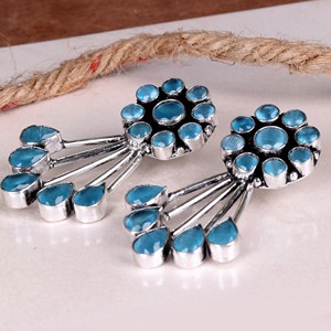 Sky <b>Blue</b> Stone Brass Oxidized Antique Silver Plated Pear Cut Bohemian Wedding Floral Dangle <b>Earrings</b> Women's Fashion Jewelry - Product Image 5