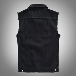 Chaleco vaquero negro para hombre, informal, con cuello vuelto, sin mangas, con botones frontales, prenda exterior de verano, de algodón tejido, color liso, lavado, con múltiples bolsillos. - Product Image 2