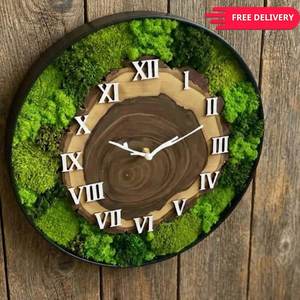 Handmade Wooden Wall <b>Clock</b> with Moss Forest Inspired Roman Numeral Timepiece Rustic Wood Slice <b>Clock</b> with Moss Unique Wall Decor - Product Image 5