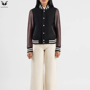 Excellent Fournisseur – Nouvelle Veste Universitaire Noire pour Femme avec Manches en Cuir PU Marron, Col Rabattu, Manches Longues – Idéale pour l'Automne - Product Image 3