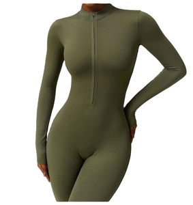 High Quality Crew Neck High Skinny Knitted Yoga Women <b>Bodysuit</b> Jumpsuit Set Tummy <b>Control</b> Breathable Quick Dry Spandex/Polyester - Product Image 2