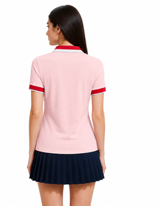 เสื้อผู้หญิงสีชมพู แต่งขอบสีแดงขาว ผ้าถักเจอร์ซีย์ลำลอง ระบายอากาศได้ดี ซับเหงื่อ ลายพิมพ์ เสื้อผ้ากีฬาเทนนิส ครึ่งตัวด้านหน้า - Product Image 2