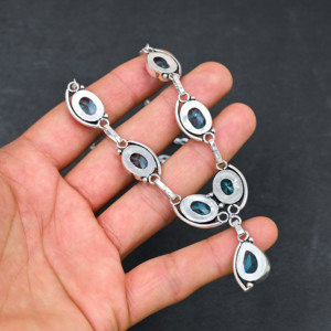 Collier personnalisé en argent sterling 925 plaqué, avec topaze bleue, fait main, pierre précieuse naturelle, idéal pour mariage et fête - Product Image 2