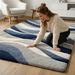 Tapis tufté rectangulaire fait main, design floral moderne, géométrique abstrait, bleu, gris, blanc, rembourré, pour salon - Product Image 1