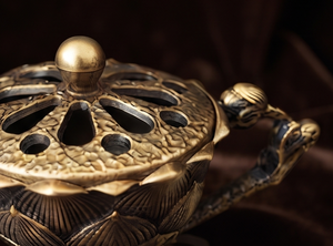 Wholesale Gold Metal <b>Incense</b> Censer Lotus Flower Stand Sculpted Handle <b>Cone</b> Holder Cutout Lid - Product Image 5