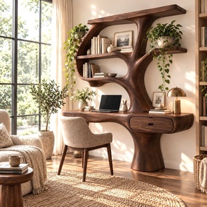 Escritorio de Madera Natural Sólida Hecho a Mano, Estilo Contemporáneo, Montado en la Pared, con Estantes en Forma de Árbol y Cajón para Oficina en Casa - Product Image 4