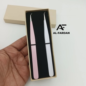 Pinzas para extensión de pestañas de 45 grados, 14 cm, agarre liso y sencillo, punta de fibra de acero inoxidable sólido, pinzas para pestañas de volumen, cajas de cartón. - Product Image 1