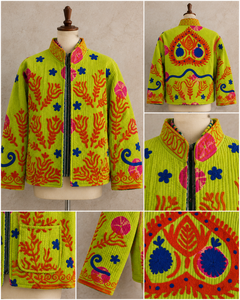 Wholesale Boho Lime Green <b>Quilted</b> Jacket Women Embroidery Floral Cotton Coat Ethnic Mandarin Collar Winter Short Outerwear - Product Image 4