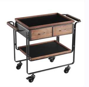 Three‑Tier Rolling Cart with Black Metal Frame Wooden <b>Shelves</b> Raised Edges Handlebar Mobile Trolley <b>Rustic</b> Industrial - Product Image 4