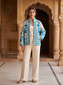 <b>Women</b>’s Blue Floral Embroidered Open Front Jacket Boho Ethnic Handmade Artisan <b>Outerwear</b> - Product Image 2