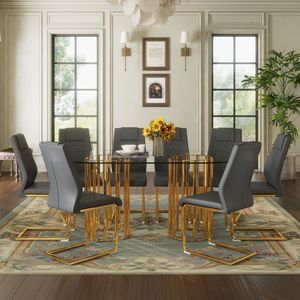 Tavolo da Pranzo Ovale di Lusso in Vetro Temperato da 71 Pollici, Set di Sedie in PU Grigio Scuro di Alta Qualità, Sedute Confortevoli con Doppia Colonna Dorata - Product Image 3