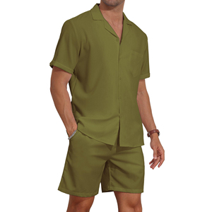 Ensemble coordonné deux pièces pour homme, chemise boutonnée et short, tenue décontractée de plage, shorts unis, ensemble coordonné pour tous les jours - Product Image 1
