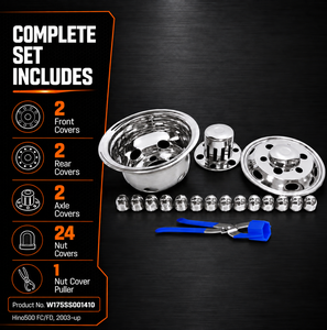 Ensemble de couvre-roues en acier inoxydable 17,5x6,75 pour Hino 500 FC/FD 2003~ et plus, fixation par boulons, décoratifs avec caches-écrous - Product Image 4