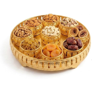 Plato de servir redondo de metal blanco con 7 cuencos, diseño tradicional grabado a mano para presentación de nueces y frutas secas. - Product Image 2