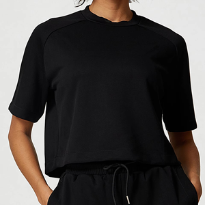 Conjunto Deportivo Casual de Dos Piezas para Mujer, Ecológico, 100% Algodón, Manga Corta, Pantalones Cortos con Cordón, Bolsillo, Secado Rápido, Transpirable, Color Sólido - Product Image 4