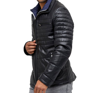 Veste en cuir véritable matelassée noire pour homme, vêtement d'extérieur rembourré pour l'hiver, col montant, veste de motard - Product Image 3