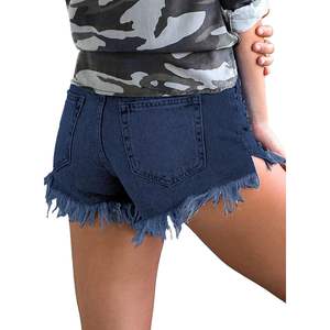 2025 pantalones cortos vaqueros rectos de cintura media azul Vintage para mujer con botón y dobladillo crudo deshilachado y mezclilla rasgada talla mediana - Product Image 3