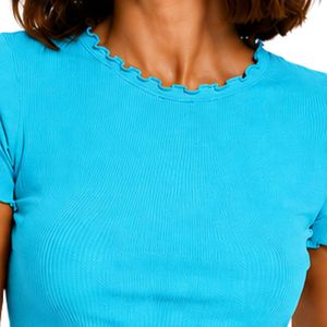Turquoise Ribbed Crop <b>Top</b> <b>Women</b> Short Sleeve Lettuce Trim Crew Neck Cotton Spandex Slim Fit Casual Summer T Shirt Custom OEM - Product Image 5