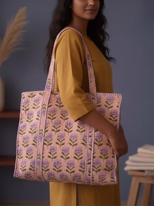 Quilted Cotton Tote <b>Bag</b>, Botanical Floral Print, <b>Boho</b> Market Shopper Shoulder <b>Bag</b> - Product Image 3