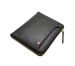 Article populaire : Portefeuille minimaliste unisexe en cuir italien tanné végétal Castello, forme en L, fermeture éclair YKK, court, noir/marron, broderie drapeau - Product Image 3