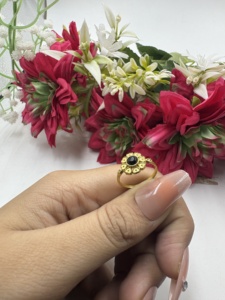 Vintage Flower Black Onyx <b>Cocktail</b> <b>Ring</b> 18K <b>Gold</b> Plated Brass Women's Statement Jewelry Party Floral Design - Product Image 5