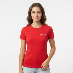 T-shirt rouge à col rond pour femme, manches courtes, coupe ajustée, 100 % coton jersey tricoté, décontracté, imprimé lettres, logo Hawk Eye, printemps-été - Product Image 2