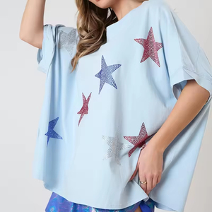 Women Oversized White Canvas T-Shirt Rhinestone Star Print Drop Shoulder O-Neck Regular Fit Spring Summer Quick Dry Anti-UV - Product Image 3