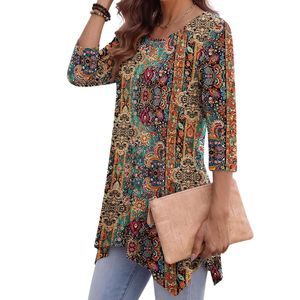 Haut en rayonne marron à motif cachemire ethnique grande taille, col rond, ourlet évasé, confortable, vente en gros pour femmes - Product Image 3