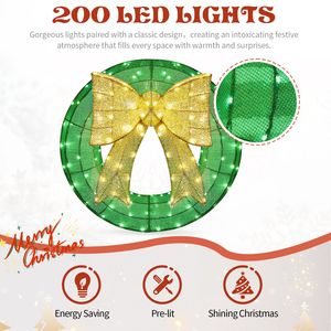 Ghirlanda Natalizia da Esterno Pre-Illuminata da 24 Pollici con Fiocco Dorato, Luci LED Bianco Caldo e Decorazione in Tinsel Verde - Product Image 1