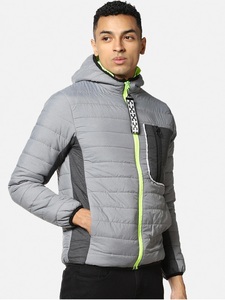 Blouson matelassé gris à capuche pour homme avec fermeture éclair vert citron, coupe-vent, décontracté, pour l'automne, couleur unie, coupe régulière, en polyester - Product Image 1