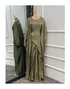 Ensemble Abaya d'été en soie brillant 3 pièces tenues musulmanes assorties Kimono + robe longue + jupe portefeuille à nouer Islam Ramadan Eid modeste - Product Image 6