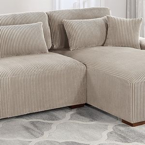 Divano Sezionale Moderno a 2 Pezzi XL in Tessuto Corduroy Felpato Colore Cammello, Divano LAF con Chaise Longue RAF per Soggiorno - Product Image 6