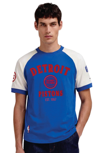 T-shirt unisexe Detroit Pistons bleu et blanc à manches raglan, style jersey décontracté, col rond, coupe régulière, imprimé numérique sur le devant, respirant - Product Image 3