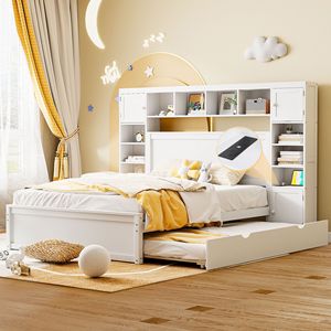 Letto matrimoniale in legno con armadio e scaffale integrati, letto estraibile Twin XL bianco - per bambini - Product Image 1
