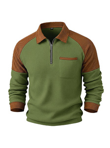 Polo à demi-zip en maille gaufrée pour homme, manches longues, décontracté, avec col et poche, anti-boulochage, coupe classique - Product Image 2