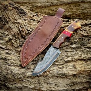 Cuchillo de caza de hoja fija de cobre damasco hecho a mano con gancho para tripas, espiga completa, biselado, ODM OEM, para uso industrial, camping y actividades al aire libre - Product Image 3