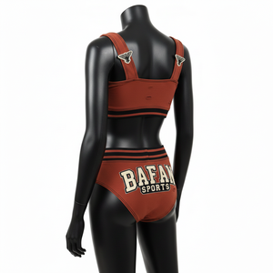 Conjunto de Bikini para Mujer de Alta Calidad en Nylon y Spandex GSM, Color Marrón Óxido con Rayas Negras, Panel con Parche de Chenilla y Logotipo Personalizado - Product Image 5