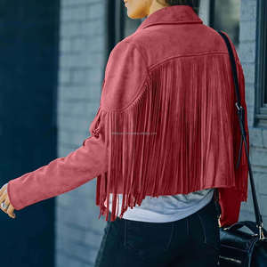 Chaquetas Rojas Vintage de cuero de gamuza con flecos y borlas para mujer, abrigo delantero abierto con solapa de manga larga estilo vaquero occidental bohemio - Product Image 2