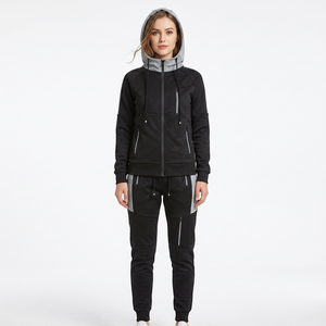 Ensemble de survêtement noir à capuche pour homme, couleur unie, manches longues, fermeture éclair, tenue décontractée de jogging avec poches latérales, idéal pour l'automne - Product Image 2