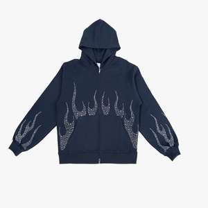 Sweat à capuche zippé personnalisé Y2K avec strass et motif flamme, coupe oversize, style streetwear, en molleton 100% coton, bleu marine et noir, avec détails métalliques - Product Image 1