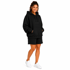 Women's 2 Piece Hoodie Shorts <b>Set</b> Solid Black Fleece Long Sleeve Loose Fit Casual Drawstring Pocket All Seasons Wear - Product Image 1