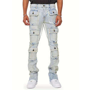 Jean cargo rétro imprimé, style streetwear haut de gamme, coupe droite, effet délavé, plusieurs poches, effet usé. - Product Image 2
