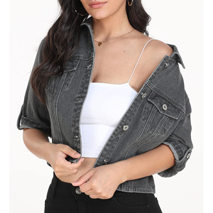 Easy to Wear Turn Down Collar Long Sleeves with button cuffs <b>single</b> button regular size cropped denim jacket women's - Product Image 3